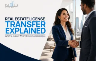 Real estate agents shaking hands during a brokerage transfer, with text reading