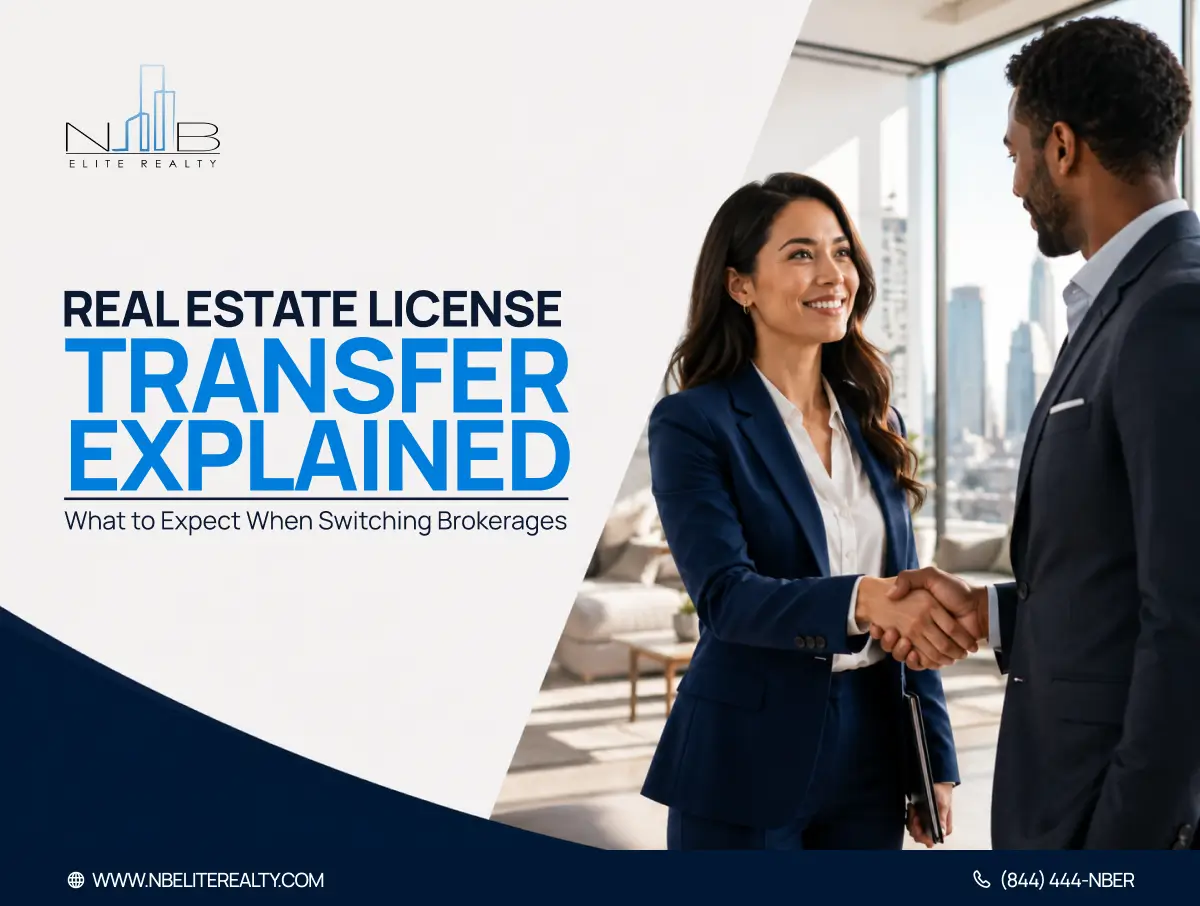 Real Estate License Transfer Real estate agents shaking hands during a brokerage transfer, with text reading