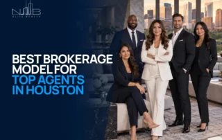 Top-producing real estate agents in a luxury Houston interior with the Houston skyline, representing brokerage options for experienced Realtors.