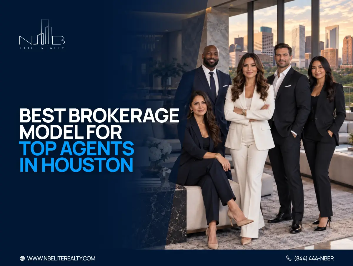 Top-producing real estate agents in a luxury Houston interior with the Houston skyline, representing brokerage options for experienced Realtors.