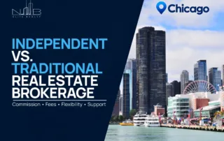 Independent vs. traditional real estate brokerage in Chicago, featuring a professional real estate agent with the Chicago skyline in the background.